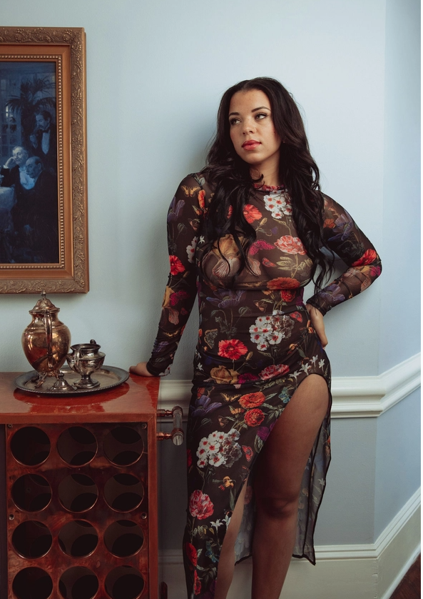 FLORAL PRINT LONG MESH DRESS