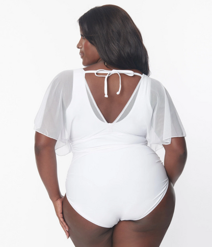 WHITE MESH SLEEVED TORRY SWIMSUIT