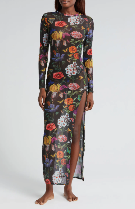 FLORAL PRINT LONG MESH DRESS