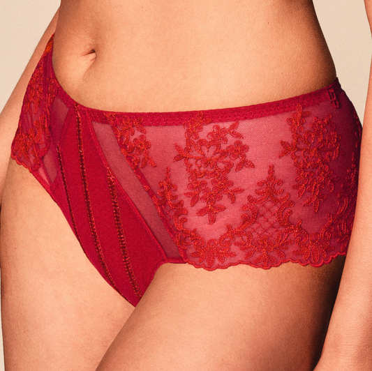 Red lace underwear on a neutral background