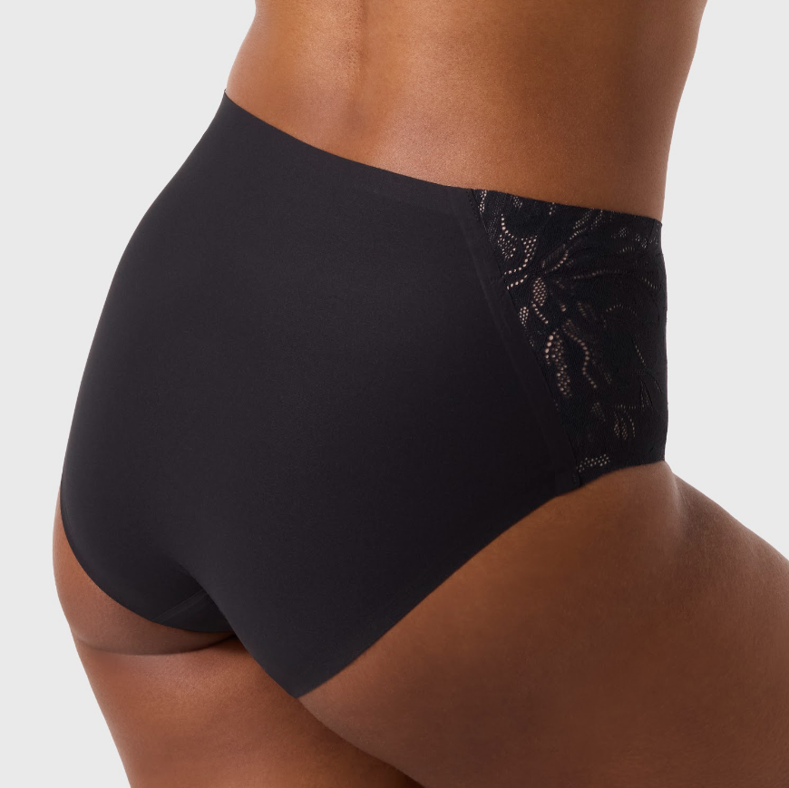Backview Black high-waisted underwear with lace trim on a neutral background