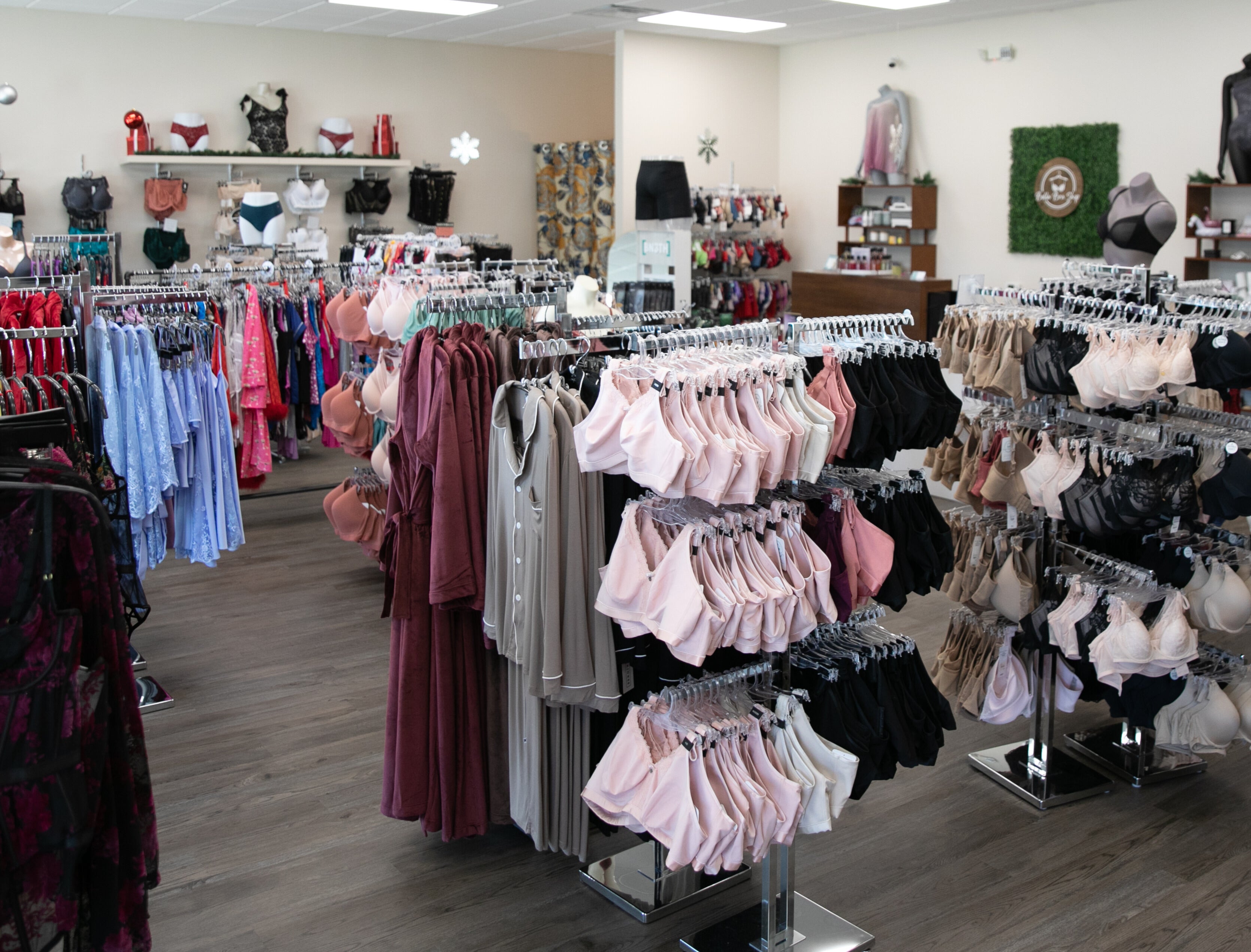 Lingerie store interior with racks of women's underwear and bras.