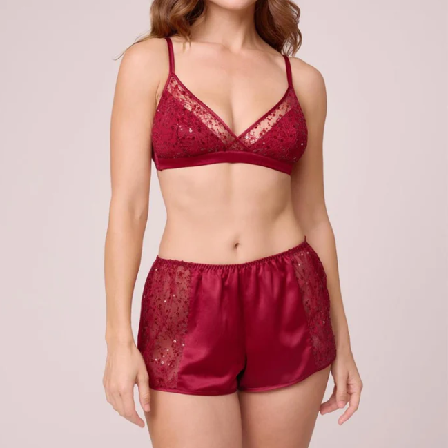 Woman wearing a red lace lingerie set on a plain background