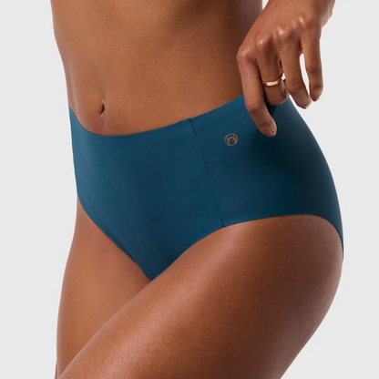 Blue high-waisted bikini bottom on a neutral background