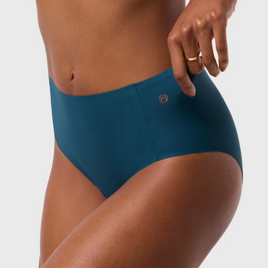 Blue high-waisted bikini bottom on a neutral background