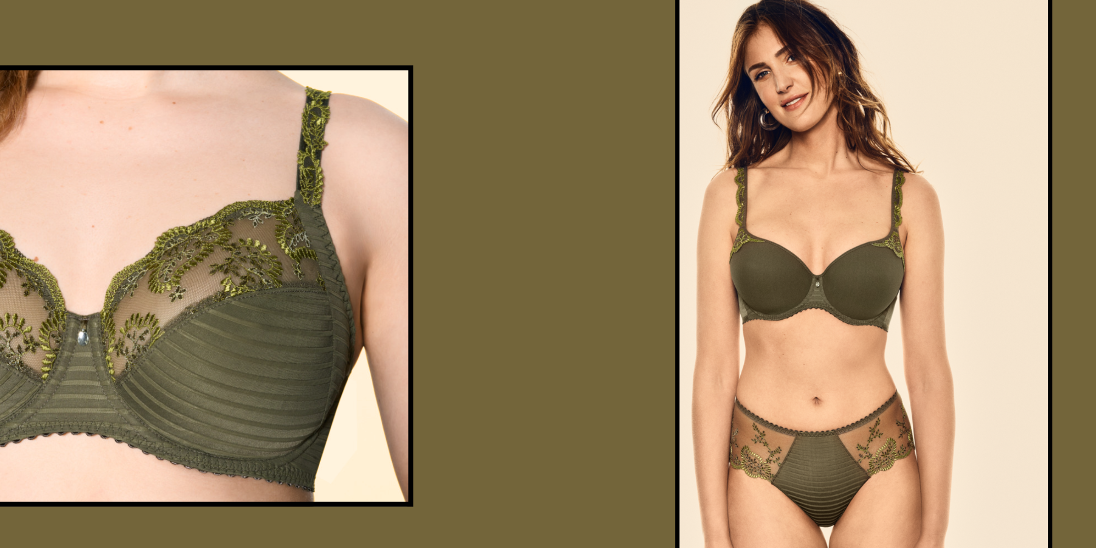 Green lingerie set with lace details on a beige background