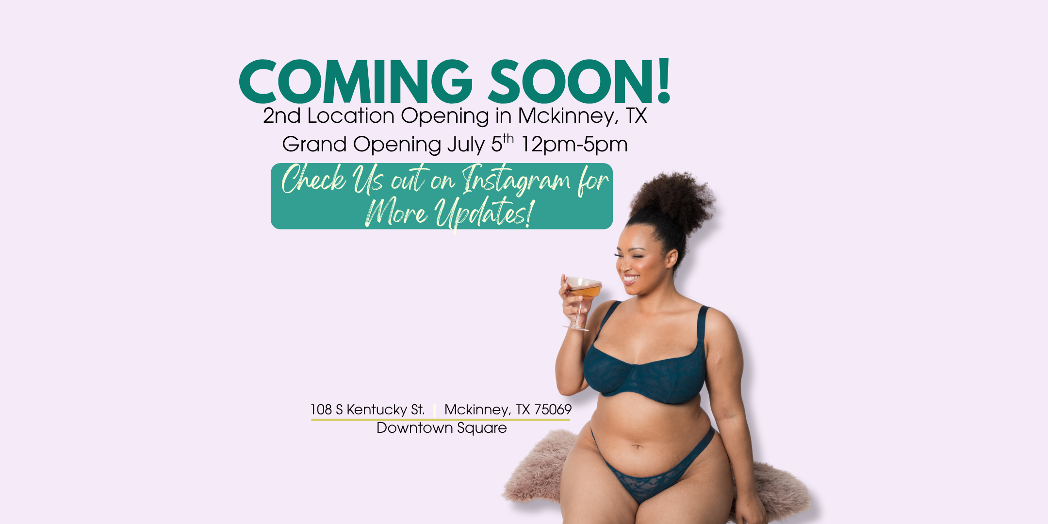 Promotional banner for a store opening with a woman in lingerie holding a drink.