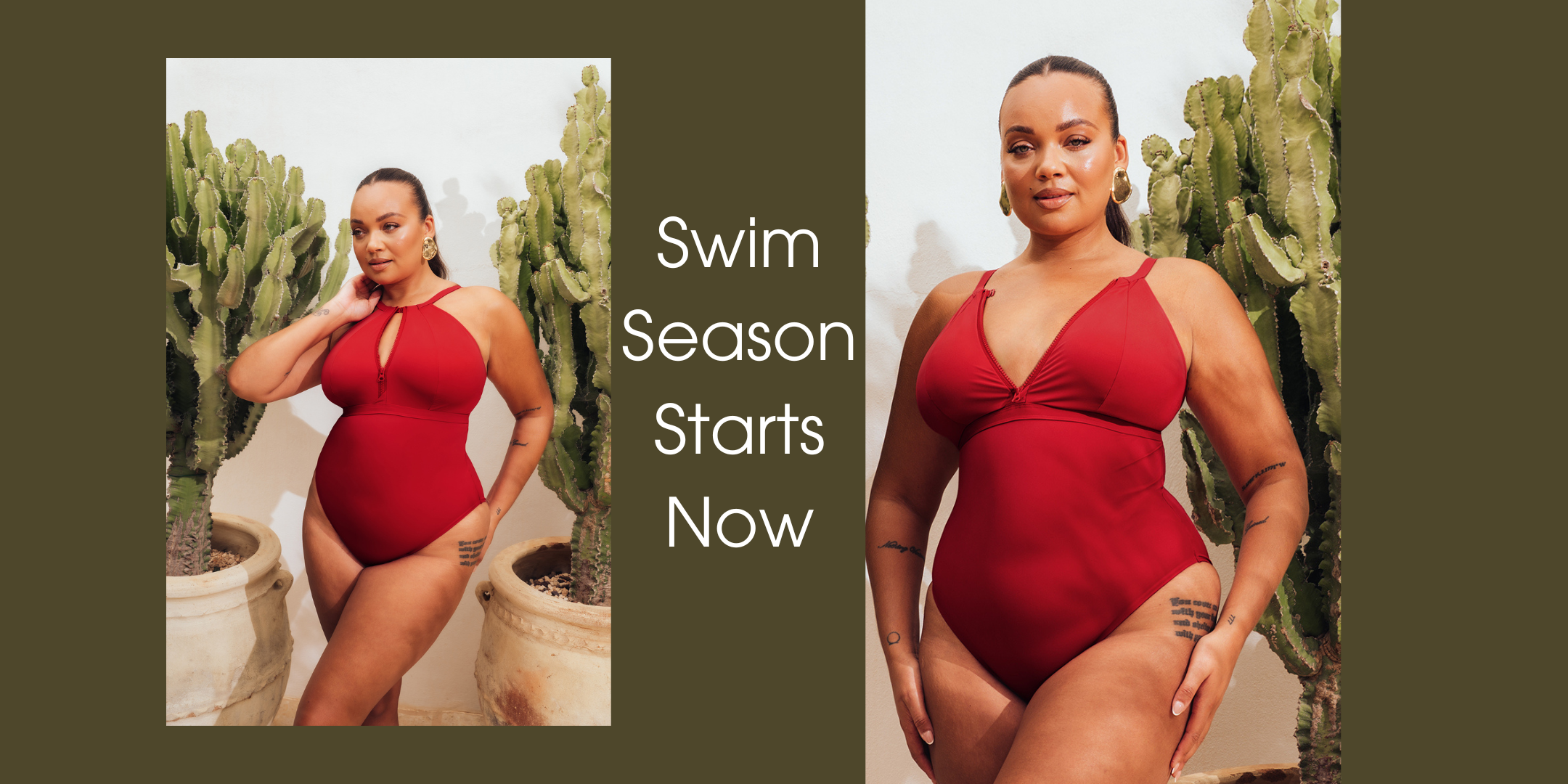 Woman in a red swimsuit with cacti in the background, text 'Swim Season Starts Now'.