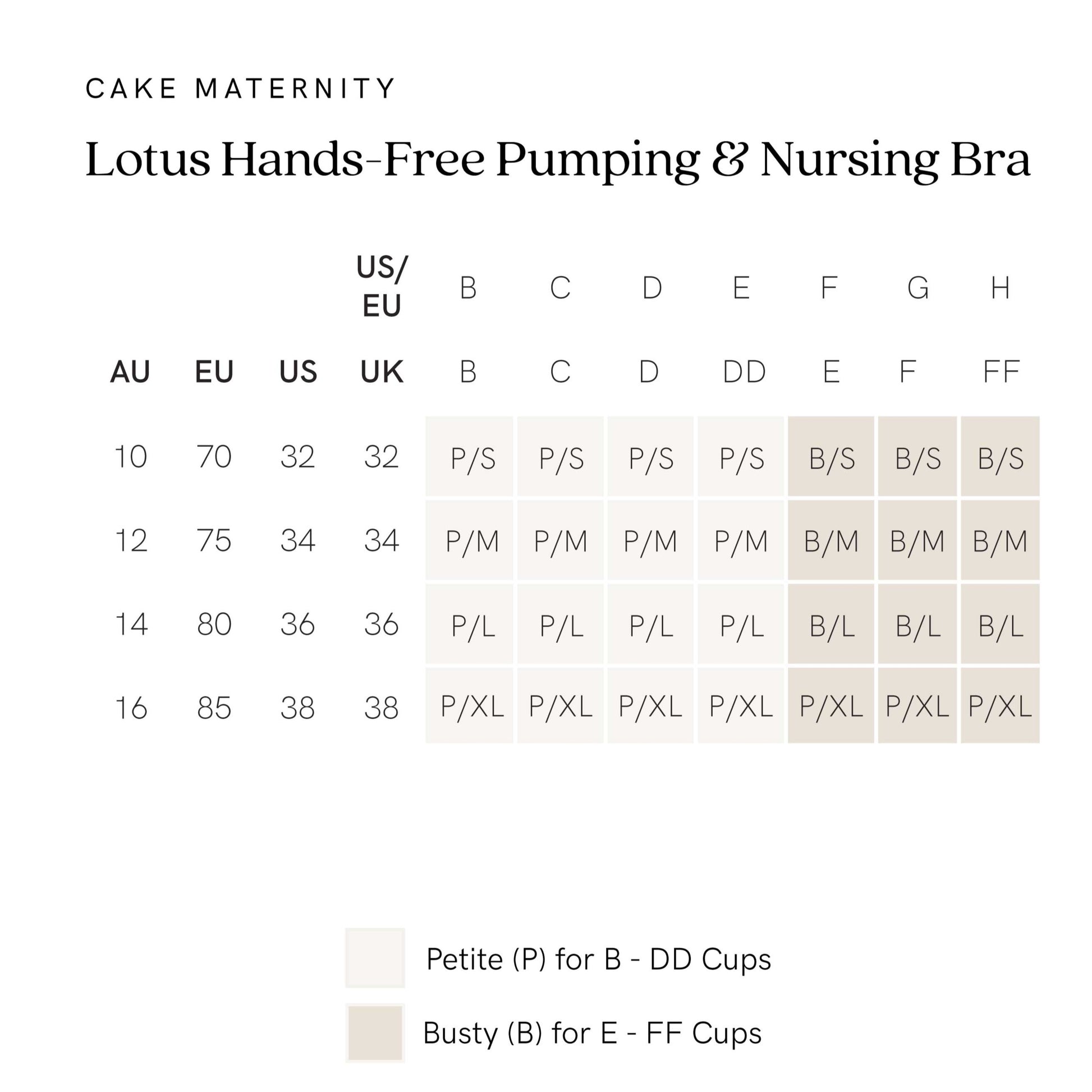 Cake Maternity - We are all different! Large boobs, small boobs, round boobs,  flat boobs.. No matter your boob size or shape we have got you covered.  Bras available in sizes 30A-42L(US)